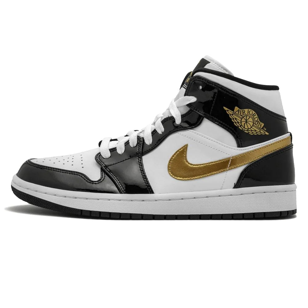Nike jordan 1 mid patent black white gold best sale