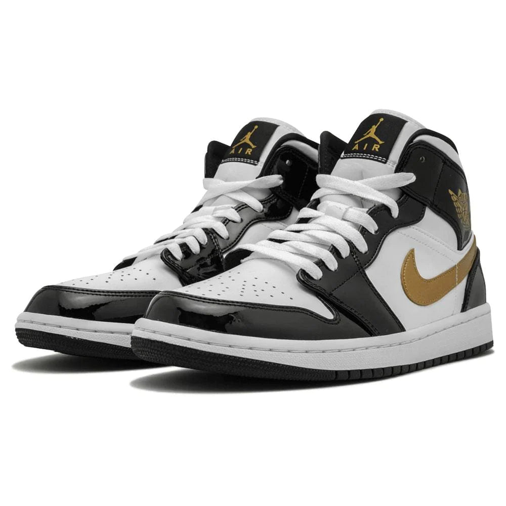 Nike jordan 1 mid top patent black white gold